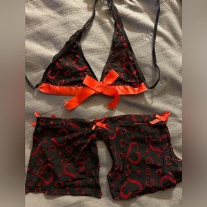 New with Defects See Through Heart Top Bra Top & Skirt Lingerie Set